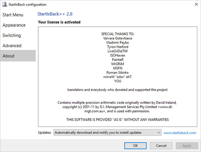 StartIsBack Key for Windows 10