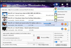 Interface screenshot of ChrisPC VideoTube Downloader Pro showcasing video download and conversion options from various platforms.